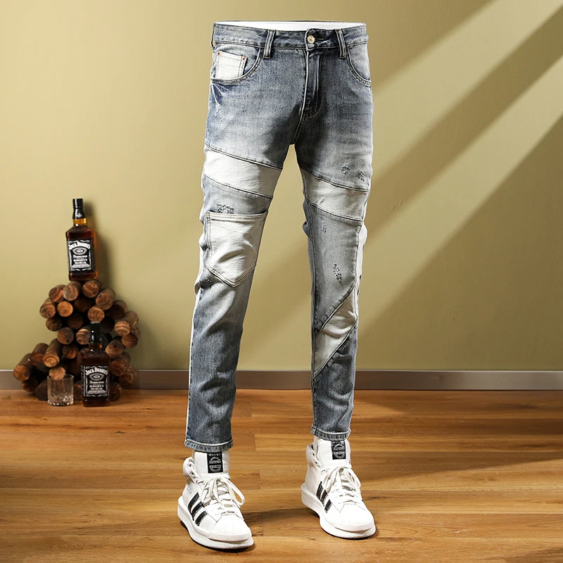 Street Fashion Men Jeans Retro Gray Blue Elastic Skinny Spliced Ripped Jeans Men Patched Designer Hip Hop Stretch Pants Hombre