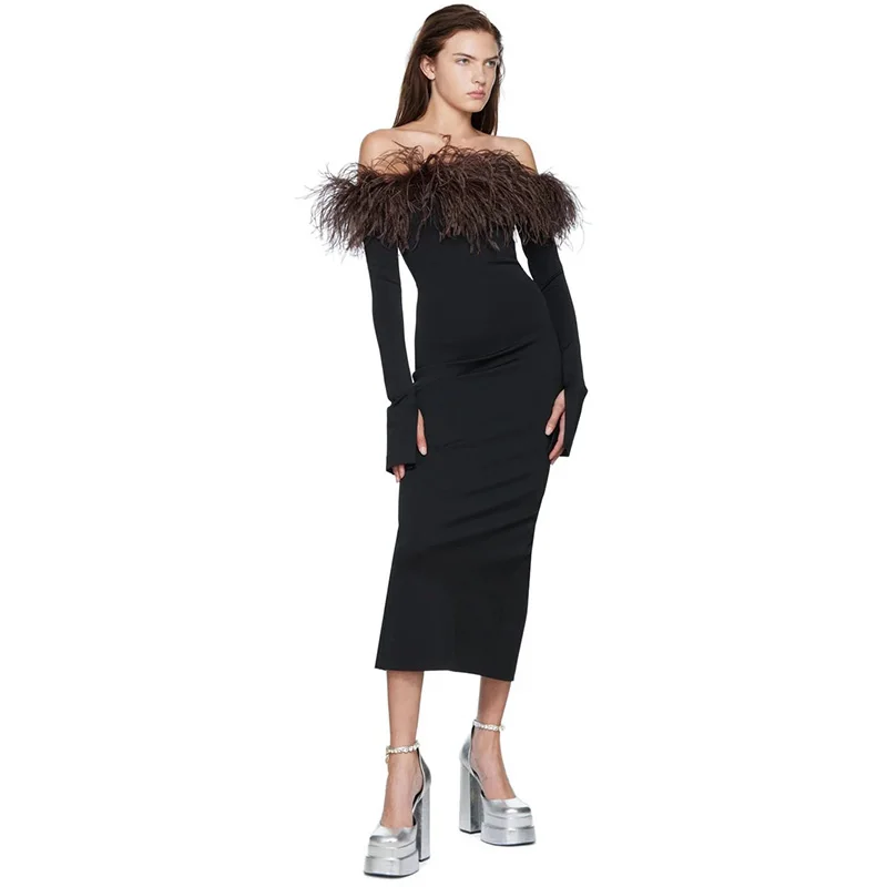 Lady Fashion Spring Summer Dress Off Shoulder Feather Dress Party Women Knee Length BYS5635