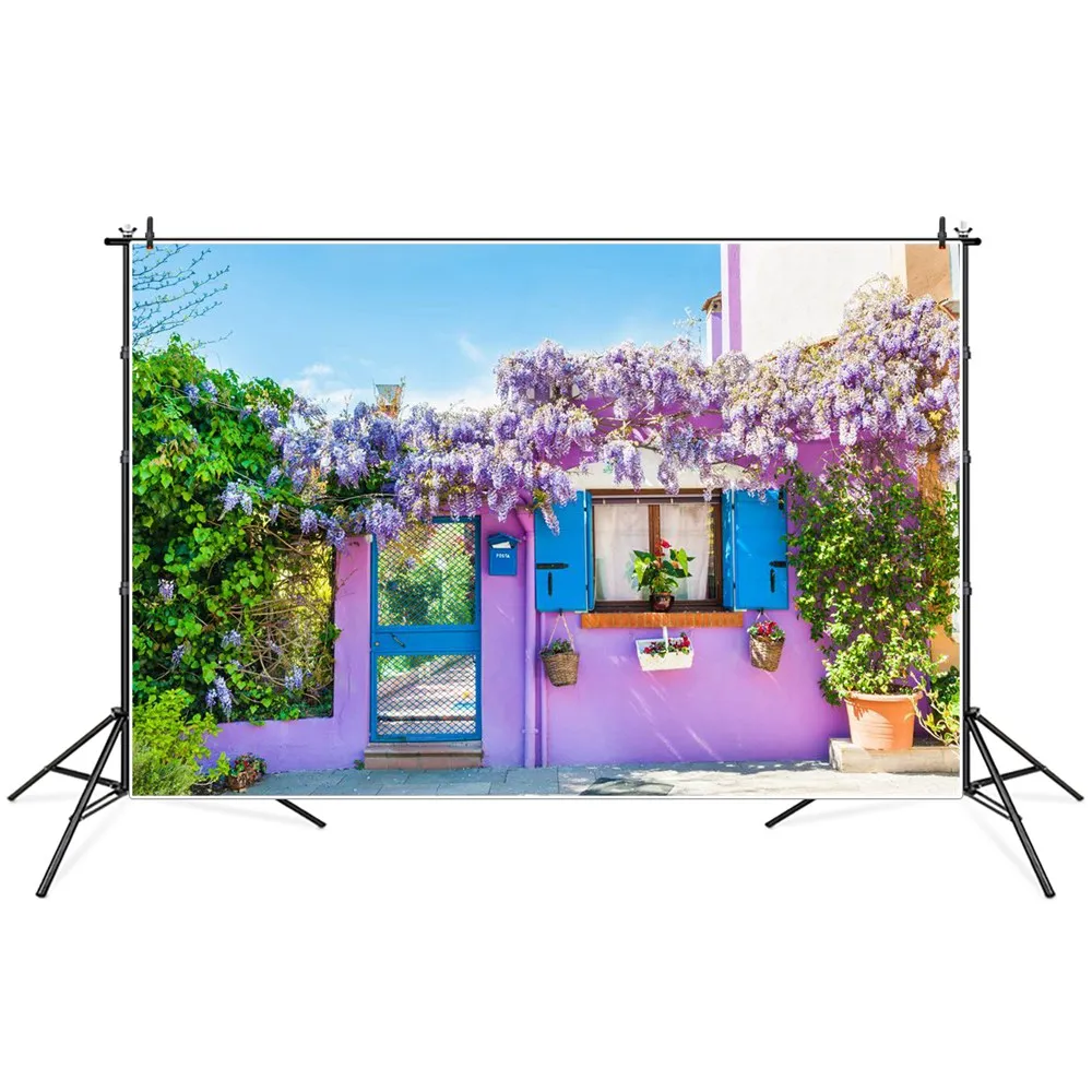 

Purple Yard Wall Flowers Vines Scenic Photography Backgrounds Custom Plant Pots Summer Holiday Party Decoration Photo Backdrops