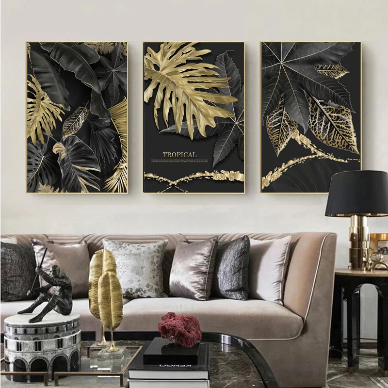

Black Gold Big Leaf Canvas Painting Luxury Abstract Tropical Plant Posters and Prints Modern Wall Pictures For living room decor