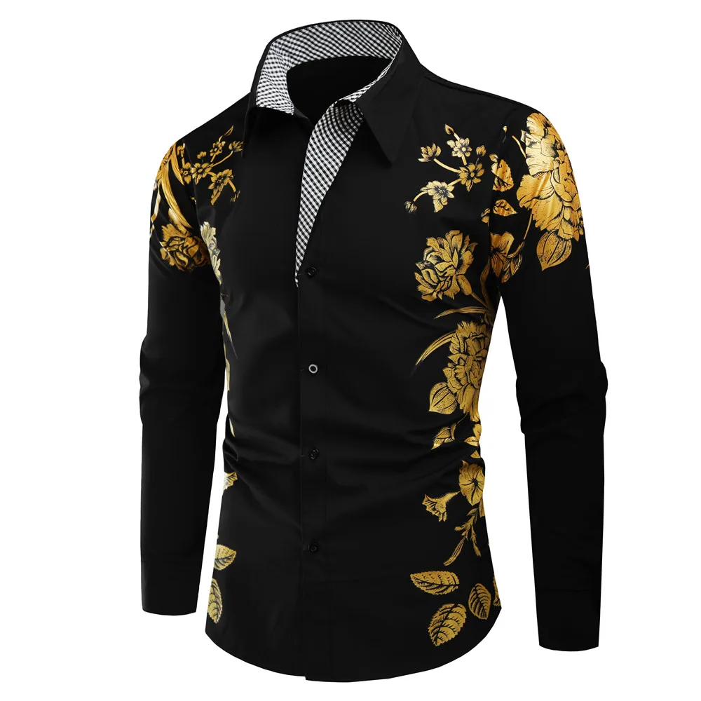 

Spring Autumn Features Shirts Men Casual Gold Flower Shirt New Arrival Long Sleeve Casual Slim Fit Male Shirts