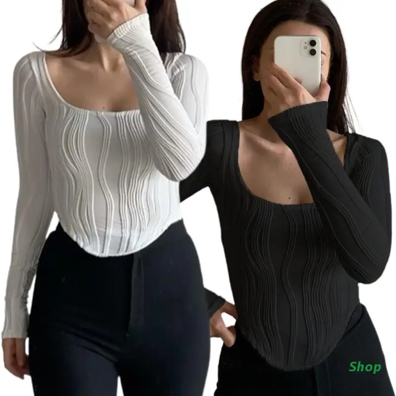 L5YC Autumn Ruched Long Sleeve Top Women Skinny Basic  Fashion Street Cropped Top