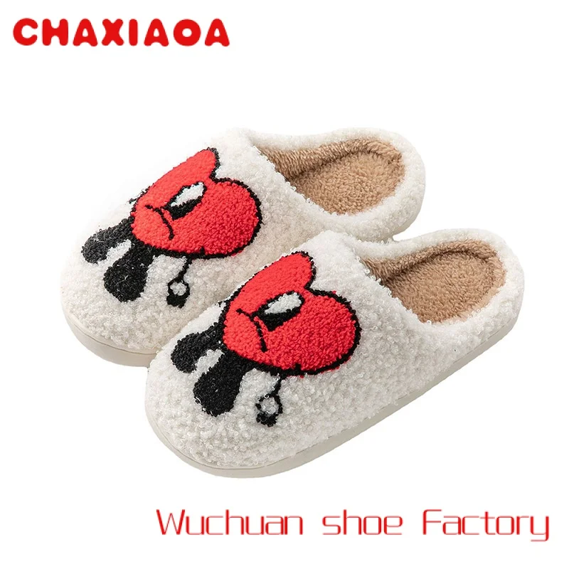 

Nicecin Winter Bad Bunny Pattern Women Fur Slippers Cute Cartoon Warm Short Plush Couple Shoes Fleece Flat House Shoes