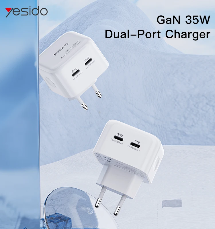 

Yesido 35W GaN Charger Quick 2-Port Type C PD Fast Charger UK EU Portable Travel Wall for iPhone 14 13 12 Pro Max For Laptop