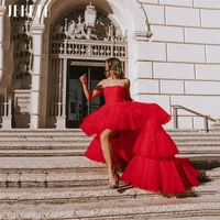 jeheth red high low tiered tulle prom dresses 2022 strapless above knee mini evening party dress corset back formal sweep train