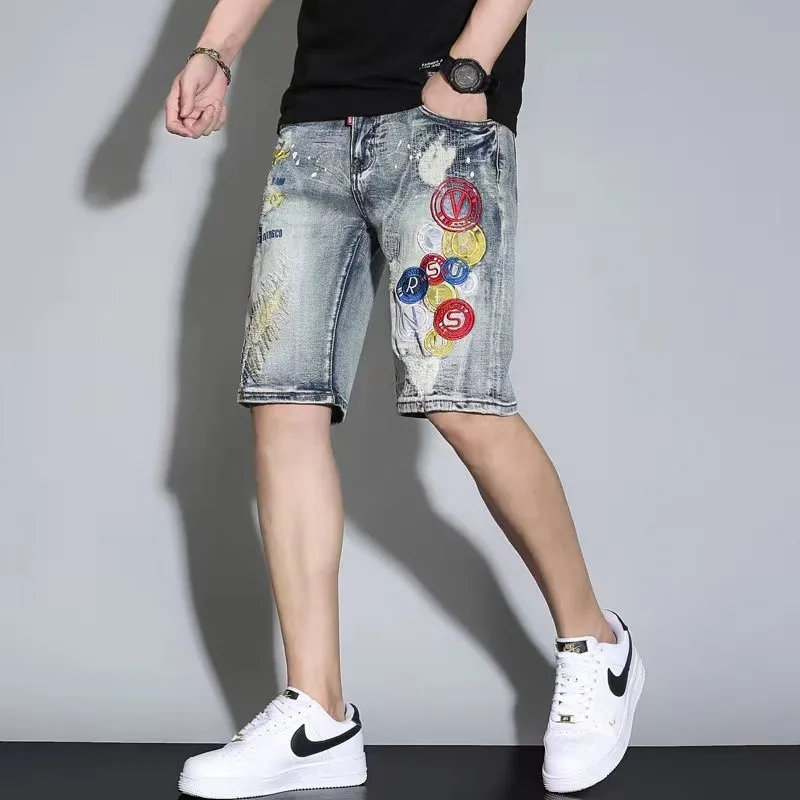 Summer Men Denim Shorts Trendy Micro Stamped Motorcycle Ripped Vintage Embroidered Straight Mid Waist Jeans Chapter Splash Ink 2