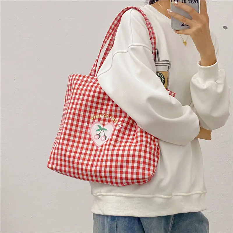 Fashion Women Canvas Tote Large Capacity Shopping Bag Red Plaid Eco Shoulder Bag Ladies Handbag Girls Student Book Bag