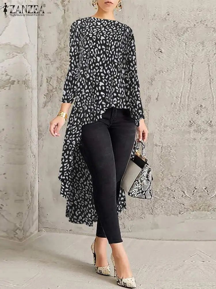 

ZANZEA Fashion Casual Loose Elegant Leopard Printed Tops Women Autumn Sexy Blouse Full Sleeve Asymmetrical High Low Blusas Shirt