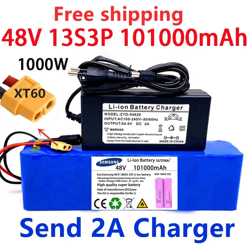 

48V101000mAh 1000w 13S3P XT60 48V Lithium ion Battery Pack 99999mah For 54.6v E-bike Electric bicycle Scooter with BMS+charger