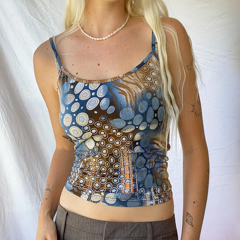 

Мини футболка в стиле ретро в стиле бохо Y2K, летняя тонкая сексуальная уличная одежда для девушек, Корейская майка на бретелях-спагетти, 2022