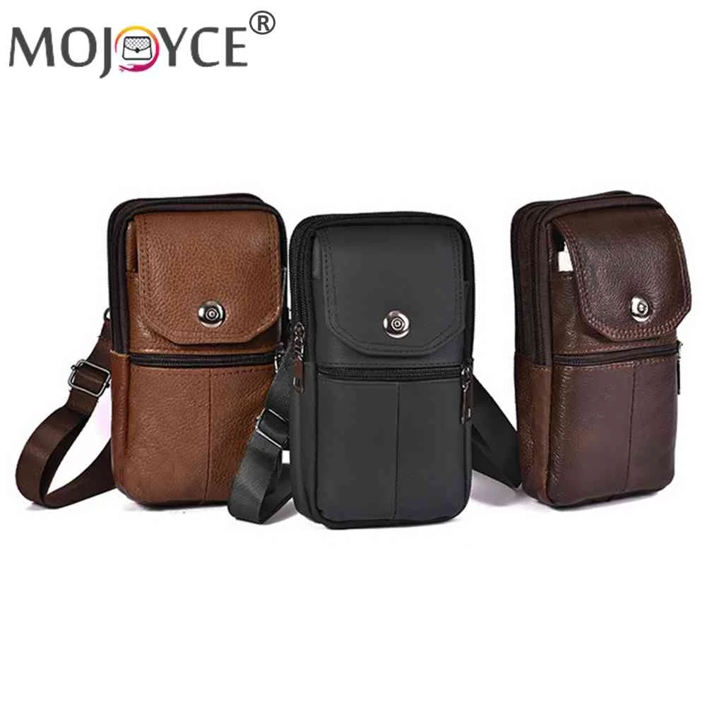 

7.5 inch Men Belt Bags Multi-function Cow Leather Mobile Phone Bag Multi-Pockets Zipper Portable Soft Fashion for Outdoor Sports