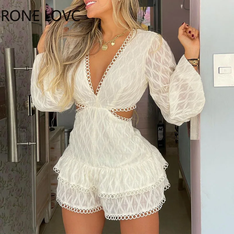 

Женский шикарный комбинезон с глубоким V-образным вырезом и длинными рукавами