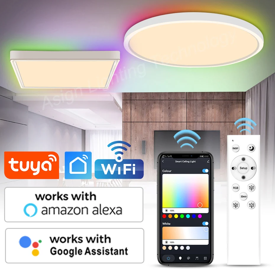 

Tuya WiFi 40W Modern Smart LED Ceiling Light Ultrathin Surface Mounting Ceiling Lamp RGB+CW+WW Dimmable APP Alexa Voice Music