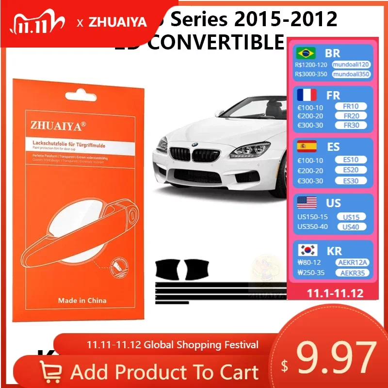 

Защитная пленка ZHUAIYA для красок дверной ручки, ТПУ PPF для BMW 6 серии 2015-2012 2D, трансформер