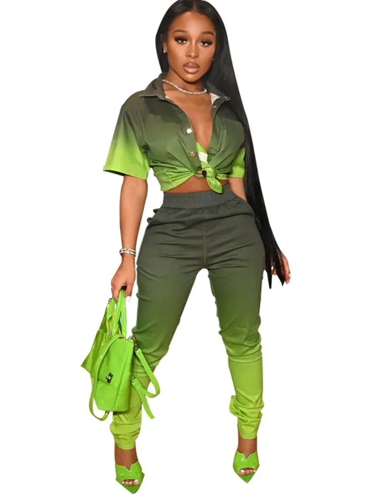 

Gradient Tie Dye Two Piece Shirt Set Women Clubwear Cardigan Blouses Tops And Pants Night Club Outfits Party Evening Sexy Sets