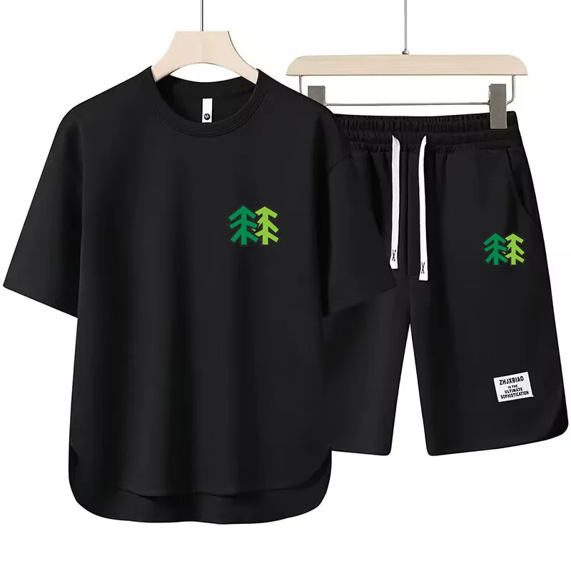 Summer New Men's 2-Piece T-shirt +Shorts Set Fashion Ventilate Printing Loose Harajuku Style Street Apparel Casual Golf Sportswe
