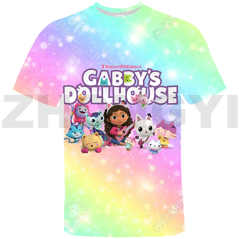 

Футболка Kawaii Gabby's с 3D принтом кукольного домика, женские футболки с коротким рукавом для девочек, футболки для кукольного домика Gabbys, летняя аниме одежда для родителей и детей