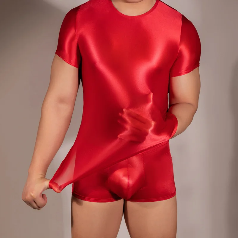 Glossy See Through Mens T-shirt Top Shiny Short Sleeve Gym Yoga Sport Tight Sheer Sportwear Party Clubwear