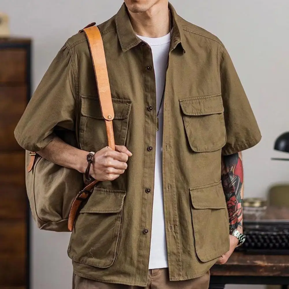 

Men Shirt Solid Color Multiple Pockets Men Top Lapel Single-breasted Cardigan Autumn Spring Half Sleeves Male Shirt For Work