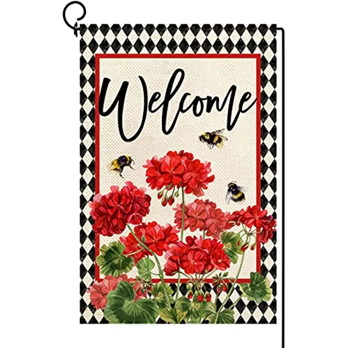 Spring Geranium Welcome Garden Flag Double Sided Summer Bee Red Floral Buffalo Plaid Small Burlap Yard Flag House 12x18 In
