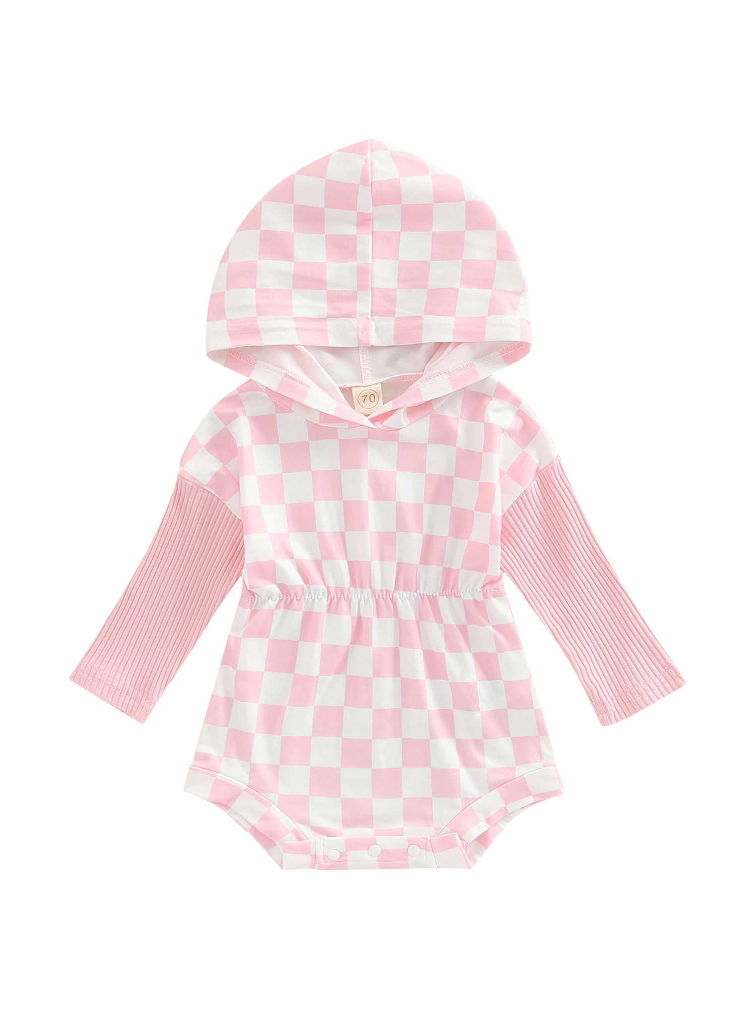 

Newborn Infant Baby Girl Fall Outfit Long Sleeve Ribbed Plaid Patchwork Hooded Sweatshirt Romper Cute Sweet Jumpsuit