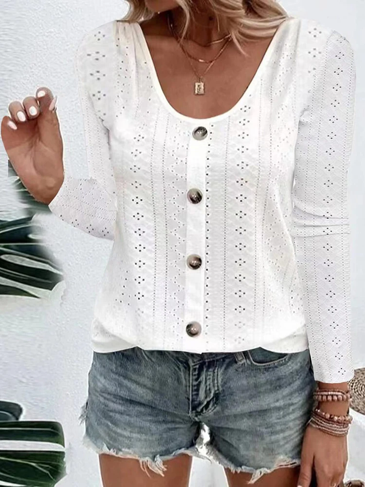 

Women O Neck Casual Top T-shirt Autumn Winter Loose Single Breasted Pullover Women's Hollow Basic Solid Color Tops Black White