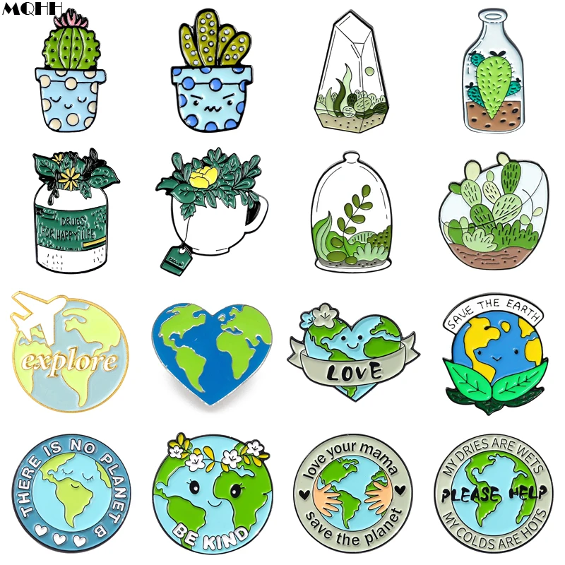 Милые Мультяшные зеленые растения в горшке цветы Кактус эмалевые булавки сердце