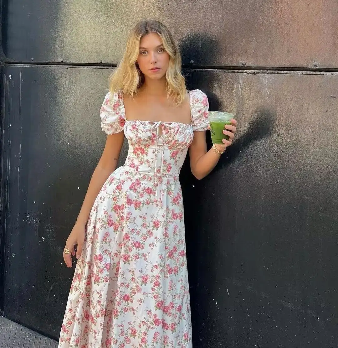 

2023 French Summer Ladies Elegant Dresses Pink Floral Square Neckline Slim Long Dress With Bubble Sleeves Low Temperament Gentle