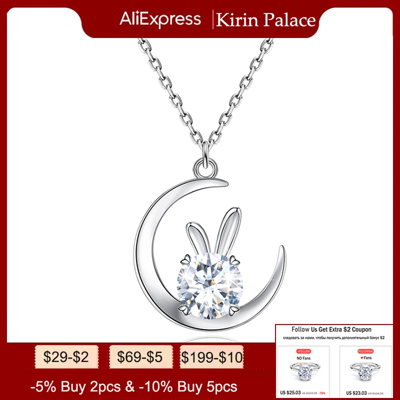 

Kirin Palace 1ct D Color Moissanite Pendant Moon Rabbit Necklaces Round Brilliant Cutting 45cm 925 Silver Jewelry for Women