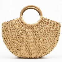 women straw handwoven large capacity handbags simple crochet braided round top handle bag for female summer totes beach bag