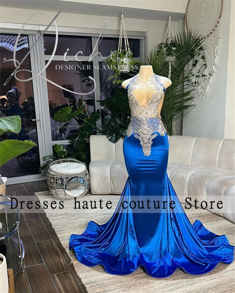 

Luxury Royal Blue Mermaid Prom Dress 2023 For Black Girls Beaded Crystal Birthday Party Dresses Halter Evening Dresses