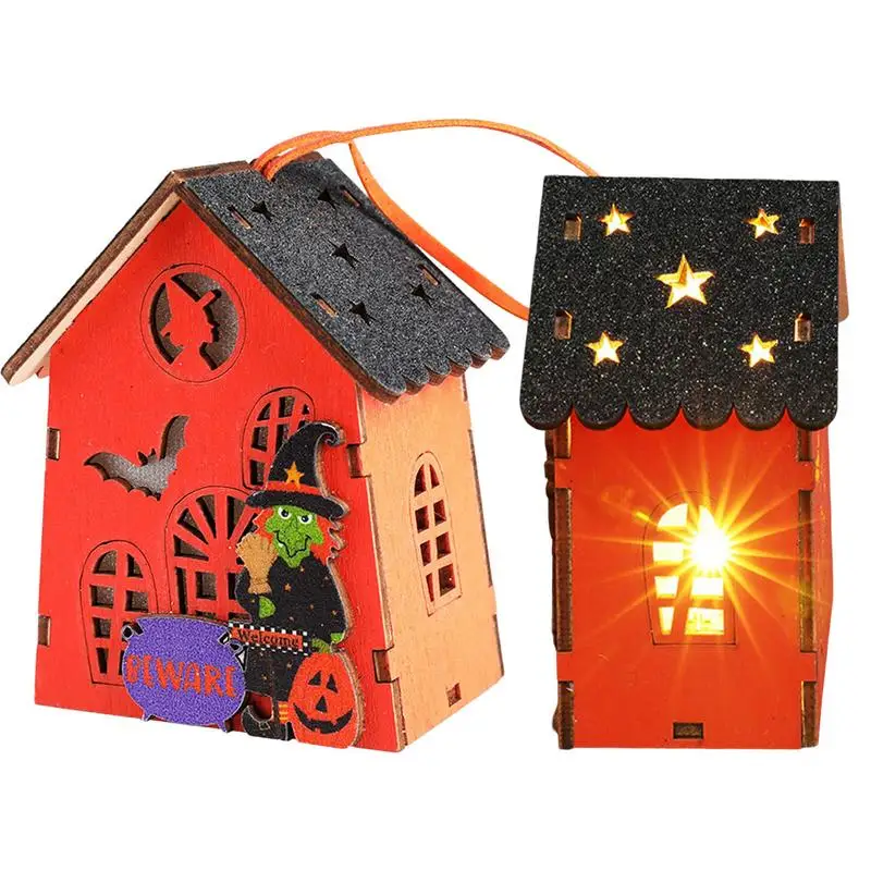 

Halloween Mini House With Light Battery Powered Wooden Pumpkin Lights Happy Halloween Party Hanging Ornament