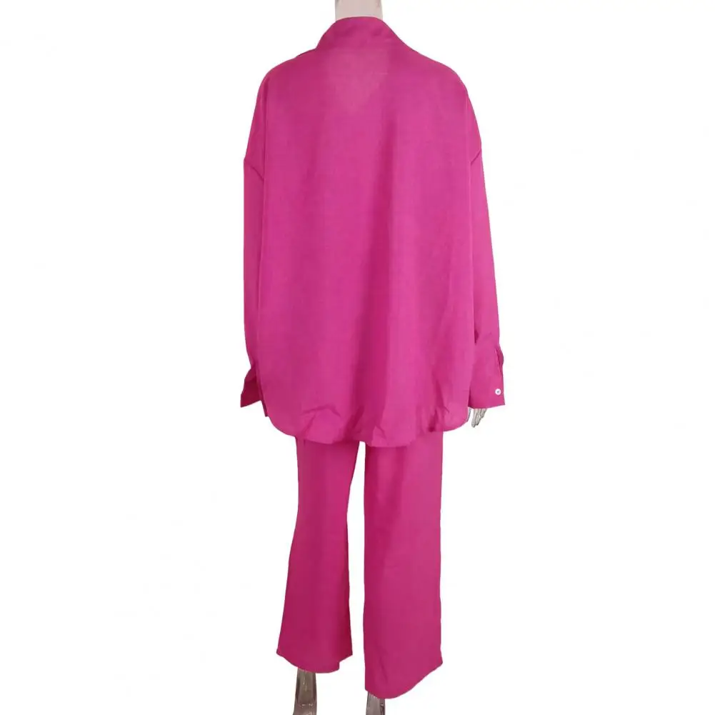 

Solid Color Two-piece Suit Stylish Women's Shirt Pants Set Lapel Single-breasted Loose Long Sleeves Elastic Waist for Fall Fall