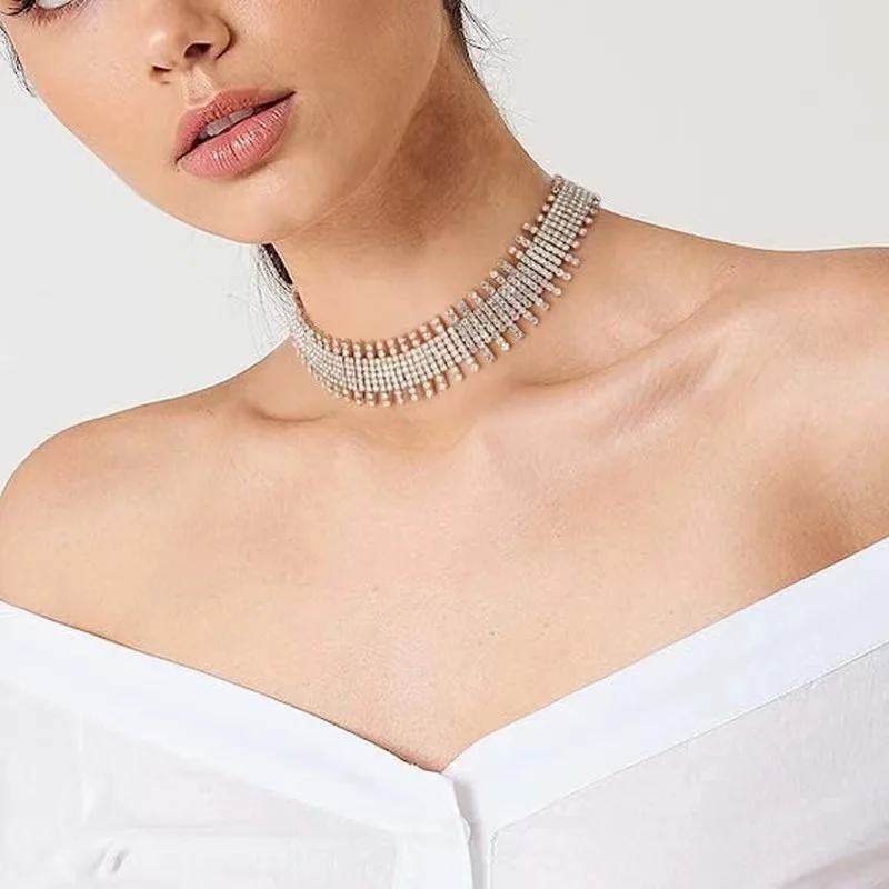 

Handmade Tooth-Shaped Rhinestone Necklace Women's Wedding Dinner Collar Jewelry Charm Dress Accessories Necklaces Wholesale