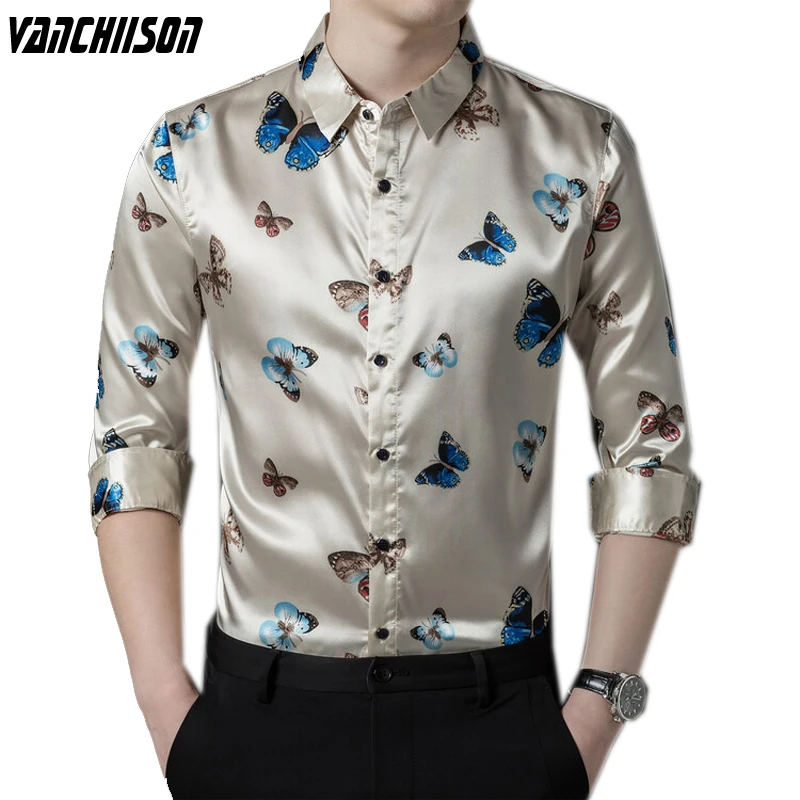 

Men Brand Casual Shirt Butterfly Print Long Sleeve for Spring Summer Turndown Collar 97% Polyester Retro Vintage Fashio TUE25F21