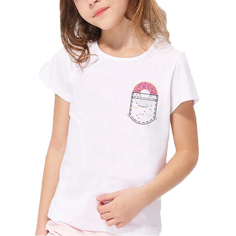 Children T-shirt Girl Pocket Donuts Summer Casual Cute Funny O-neck Short Sleeve Girl Tshirt Baby Clothes Kids Clothes,Drop Ship