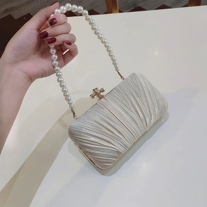

Pearl Chain Small Evening Party Handbag Pleated Bridal Clutch Women's Wedding Bag