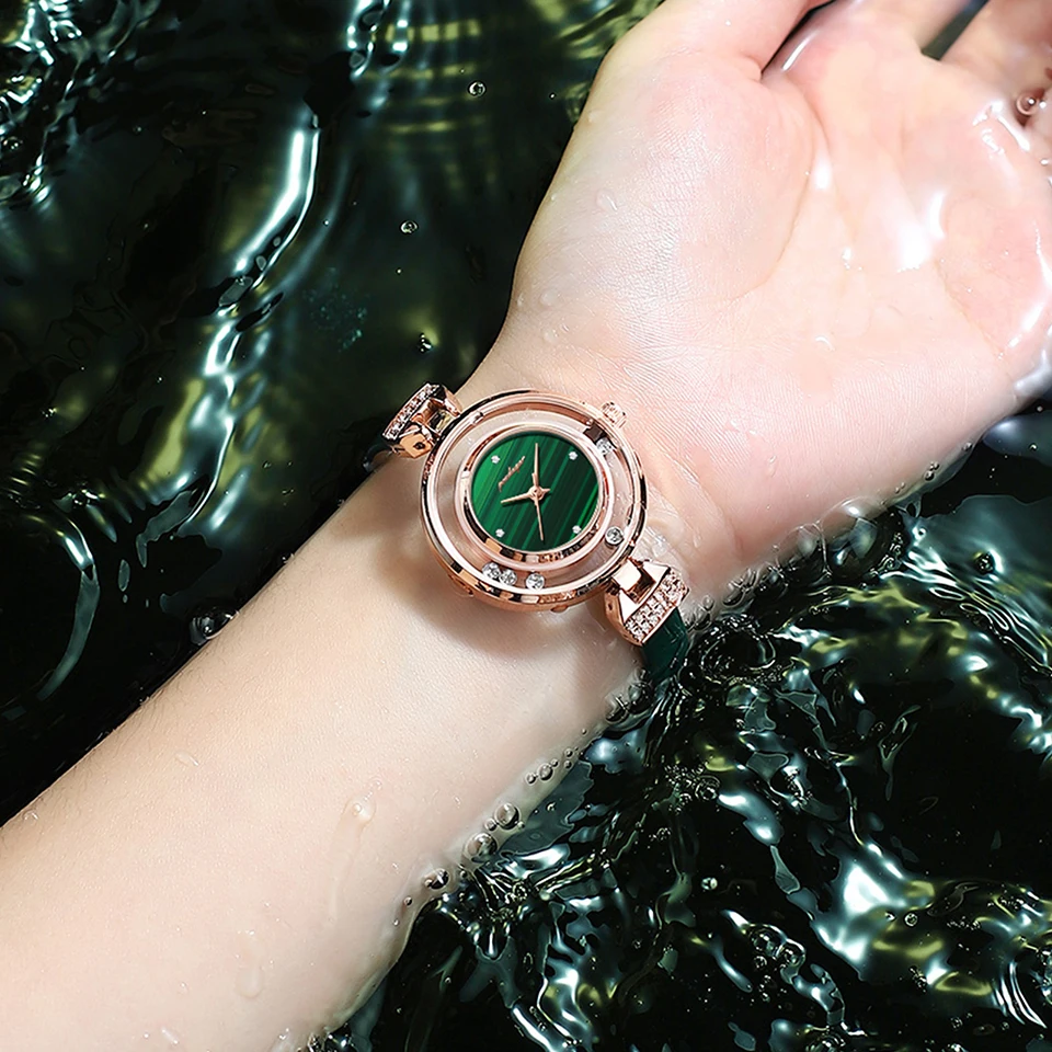 POEDAGAR Fashion Watches For Women Luxury Leather Diamand Dress Ladies Green Watch High Quality Waterproof Women Watch+box reloj
