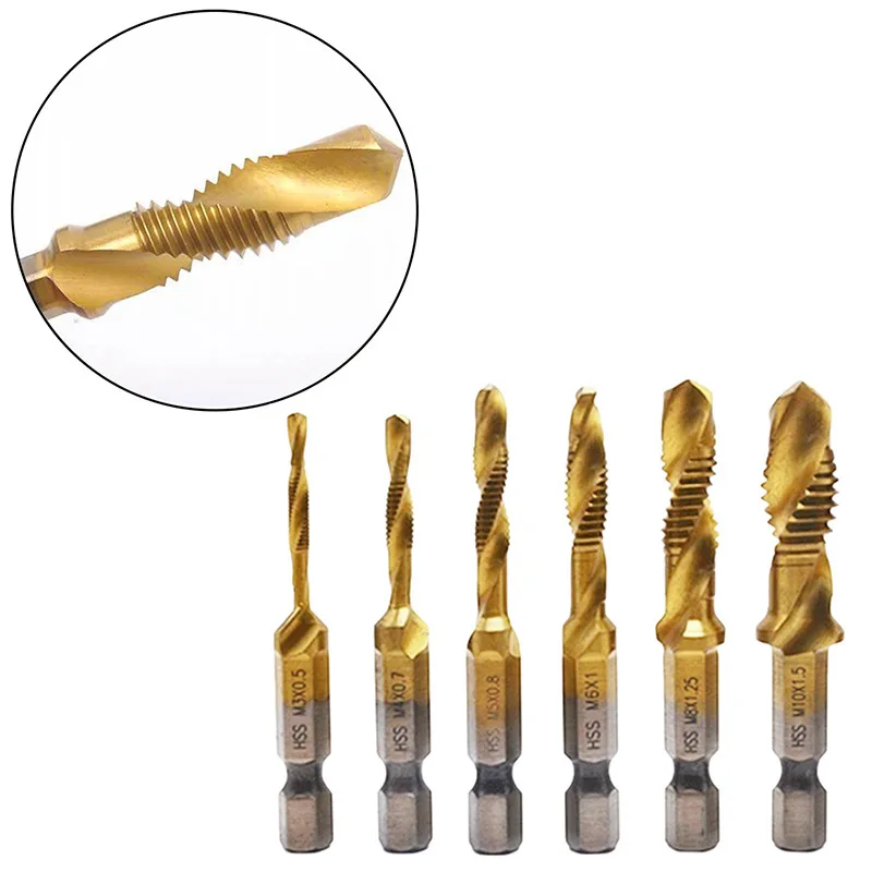 6Pcs Hex Shank Long/Short Titanium Plated HSS Screw Thread Metric Tap Drill Bits Screw Machine Compound tap Hand Tools