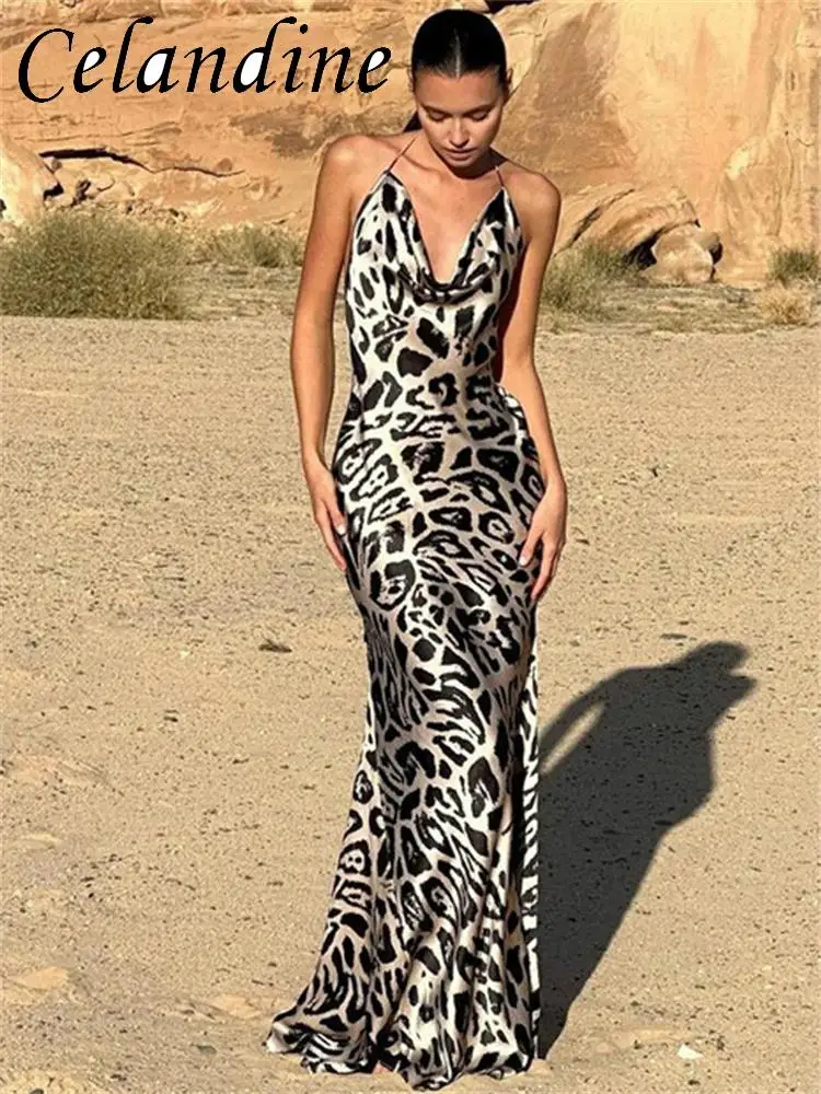 

Celandine, летнее элегантное платье с леопардовым принтом, с воротником-стойкой и открытой спиной, сексуальные макси атласные платья, женское ве...