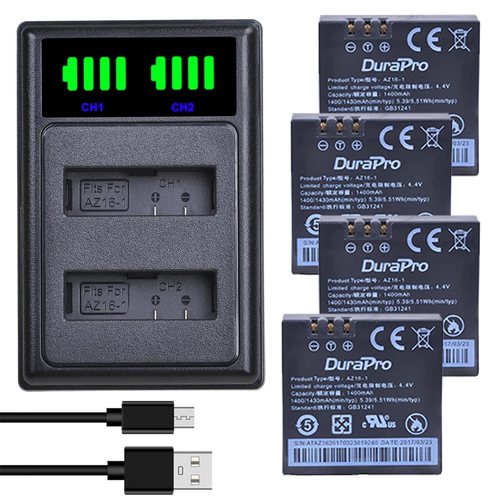 

1400mAh AZ16 1 Battery AZ16-1 Bateria + USB Dual Charger for Xiaomi Yi 2 4K Original Xiao Mi Yi Lite Action Cameras