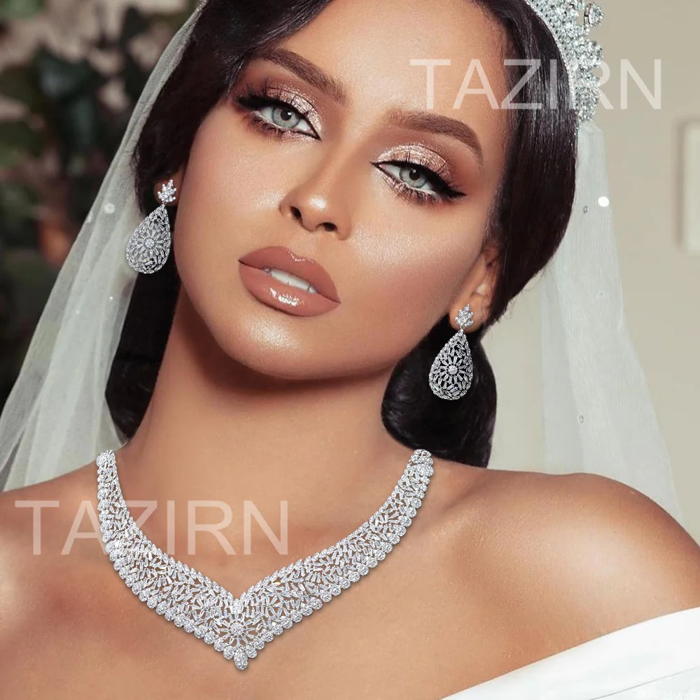 

Romantic Cubic Zirconia Jewelry Set 2023 Newest Big Necklace Bracelet Earrings Ring Wedding Dress Ornaments Gifts for Women