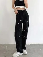 ink splash embroidery butterfly jeans womens straight loose wide leg pants summer high waist slim pants ins tide y2k clothing