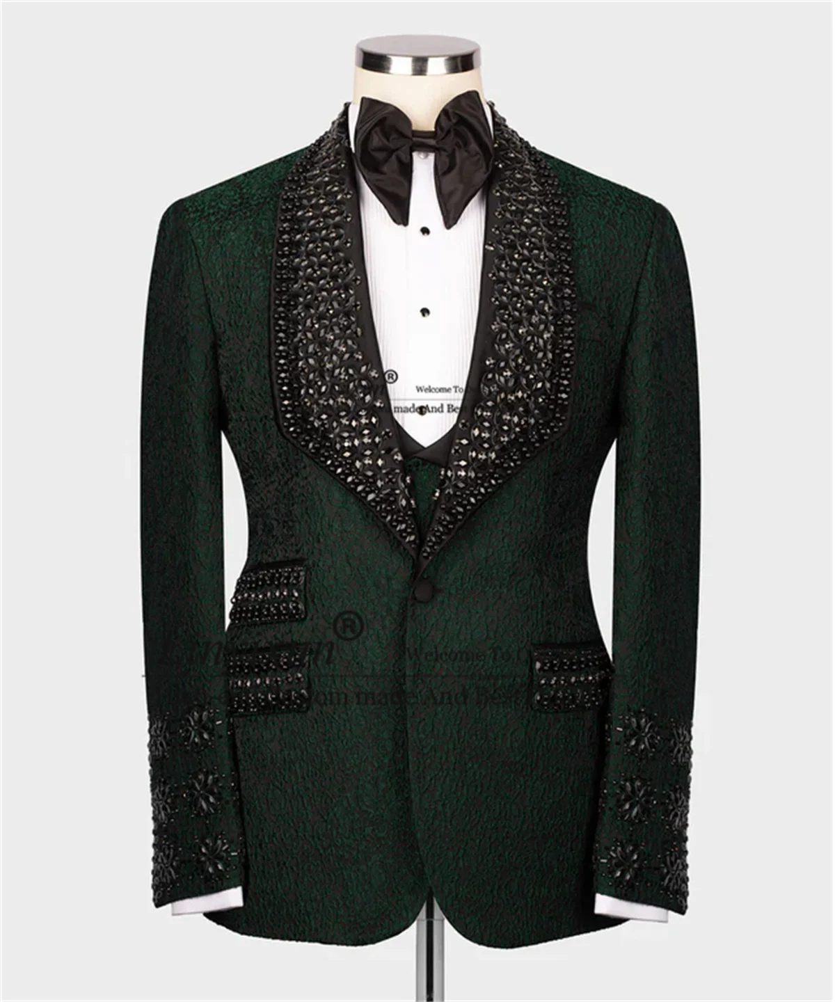 Glitter Crystals Diamond Men Suits Jacquard Groom Wedding Tuxedos 3 Pieces Sets Male Prom Blazers Customized trajes para hombre