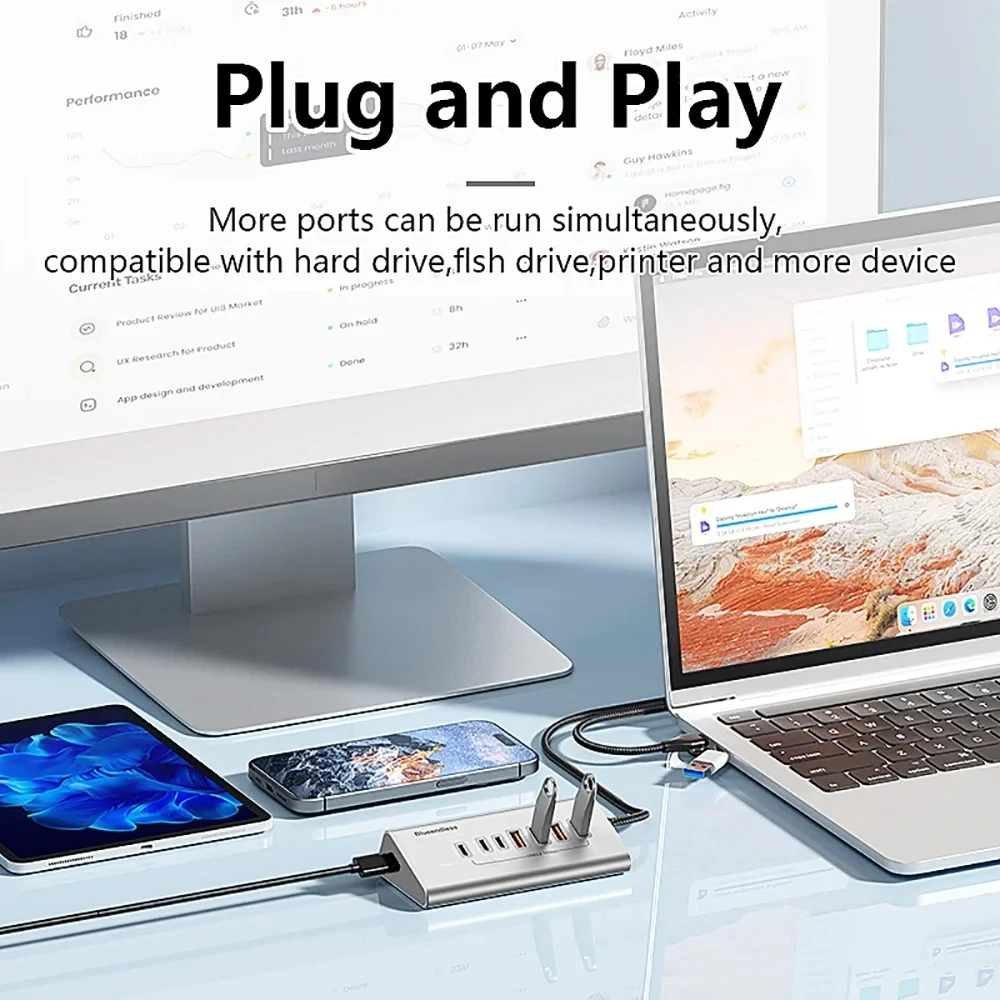 Фото KEBIDUMEI USB-хаб 10 Гбит/с USB 3.2, 8-в-2, Type-C на 4xUSB3.2+3xTYPE C 3.2, док-станция, разветвитель Type-C из алюминиевого сплава для ПК и ноутбуков №3