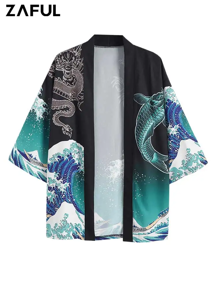 

ZAFUL Kimono Cardigan Shirts for Men Oriental Dragon Graphic Three Quarter Sleeve Shirt Summer Streetwear Casual Tops Z4982895