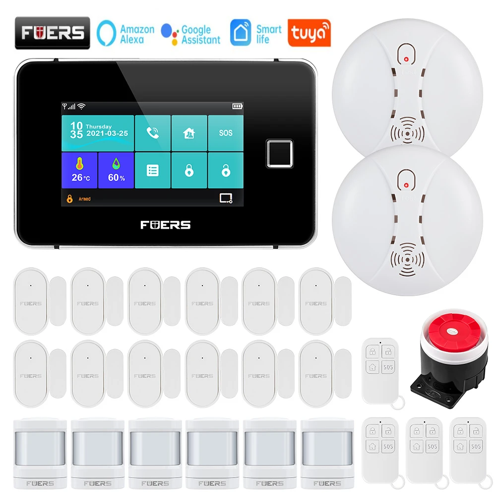 

Смарт-фонарь FUERS Tuya WiFi GSM, сенсорный экран, датчик температуры и влажности, сканер отпечатка пальца, 433 МГц, контрольная сирена