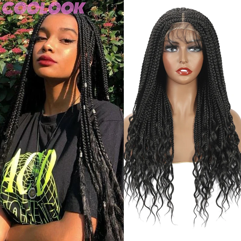 20 Inch Box Braid Lace Wig Long Synthetic Braided Lace Front Wig with Wavy Ends Ombre Box Braids Lace Frontal Wigs for Women