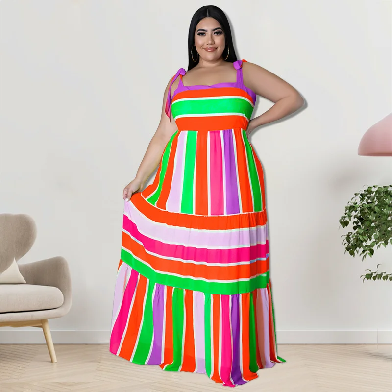 Plus Size Women's 5xl Summer New Strip Shoulder Strap Dress Casual Loose Colorful Striped Suspender Long Skirt Bulk Direct Sales