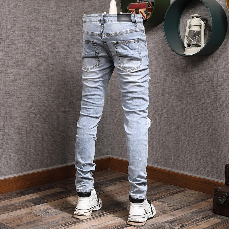 Streetwear Fashion Men Jeans Retro Light Blue Stretch Slim Fit Hole Ripped Jeans Men Patch Designer Hip Hop Brand Pants Hombre